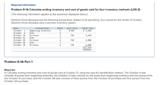 Required information
Problem 6-1A Calculate ending inventory and cost of goods sold for four inventory methods (LO6-3)
(The following information applies to the questions disployed below)
Sandra's Purse Boutique has the following transactions related to its top-selling Gucci purse for the month of October.
Sandra's Purse Boutique uses a periodic inventory system.
Date
Transactions
Units Unit Cost
Total Cost
$ 700
$ 4,200
October 1 Beginning imventory
October 4 Sale
October 10
October 13 Sale
October 20
October 28 Sale
October 30
Purchase
710
3, 550
Purchase
4
720
2,880
5,840
$16,470
Purchase
730
Problem 6-1A Part 1
Required:
1. Calculate ending inventory and cost of goods sold ot October 31, using the specific identification method. The October 4 sale
consists of purses from beginning inventory, the October 13 sale consists of one purse from beginning inventory and two purses from
the October 10 purchase, and the October 28 sale consists of three purses from the October 10 purchase and four purses from the
October 20 purchase.
