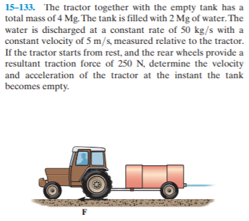 15-133. The tractor together with the empty tank has a
total mass of 4 Mg. The tank is filled with 2 Mg of water. The
water is discharged at a constant rate of 50 kg/s with a
constant velocity of 5 m/s, measured relative to the tractor.
If the tractor starts from rest, and the rear wheels provide a
resultant traction force of 250 N, determine the velocity
and acceleration of the tractor at the instant the tank
becomes empty.
