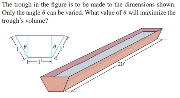 The trough in the figure is to be made to the dimensions shown.
Only the angle 0 can be varied. What value of 0 will maximize the
trough's volume?
20
