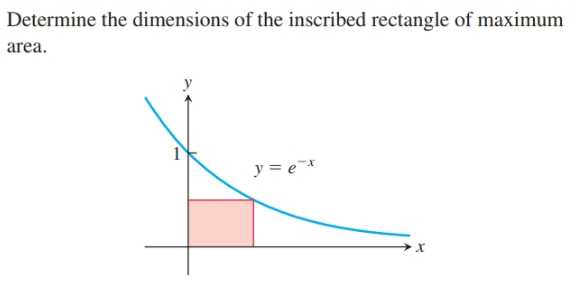 Determine the dimensions of the inscribed rectangle of maximum
area.
y = e¯*
