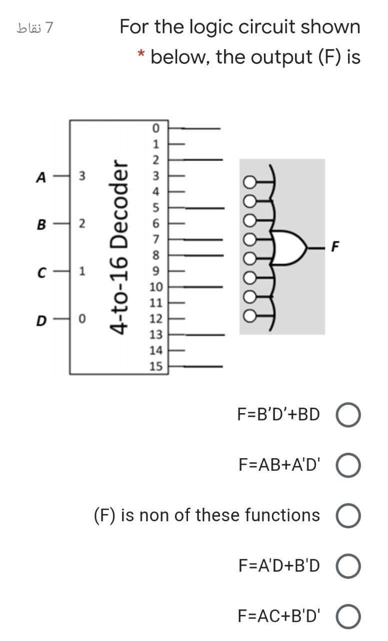 blä 7
For the logic circuit shown
* below, the output (F) is
1
A
4
B
8
C
10
11
D
12
13
14
15
F=B'D'+BD
F=AB+A'D'
(F) is non of these functions
F=A'D+B'D
F=AC+B'D'
LI
4-to-16 Decoder
3.
2.

