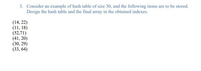 3. Consider an example of hash table of size 30, and the following items are to be stored.
Design the hash table and the final array in the obtained indexes.
(14, 22)
(11, 18)
(52,71)
(41, 20)
(30, 29)
(33,64)