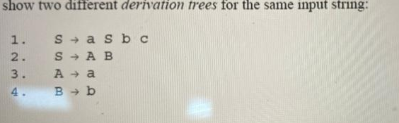 show two different derivation trees for the same input string:
1.
2.
3.
4.
Sasb c
SA B
Aa
B → b