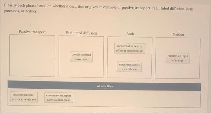 Classify each phrase based on whether it describes or gives an example of passive transport, facilitated diffusion, both
processes, or neither.
Passive transport
glucose transport
across a membrane
Facilitated diffusion
cholesterol transport
across a membrane
protein-assisted
movement.
Answer Bank
Both
movement to an area
of lower concentration.
movement across
a membrane
Neither
requires an input
of energy