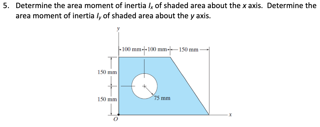5. Determine the area moment of inertia ly of shaded area about the x axis. Determine the
area moment of inertia ly of shaded area about the y axis.
100 mm--100 mm--
- 150 mm
150 mm
75 mm
150 mm
