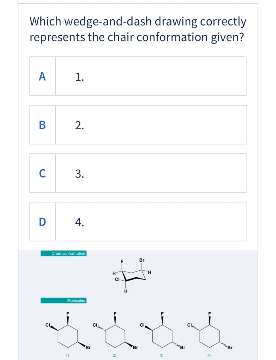 Which wedge-and-dash drawing correctly
represents the chair conformation given?
A
1.
В
C
3.
D
Chair conformation
Br
F
CI
H.
Molecules
F
C
CI
Br
Br
Br
Br
3)
4)
1)
2)
2.
4.
