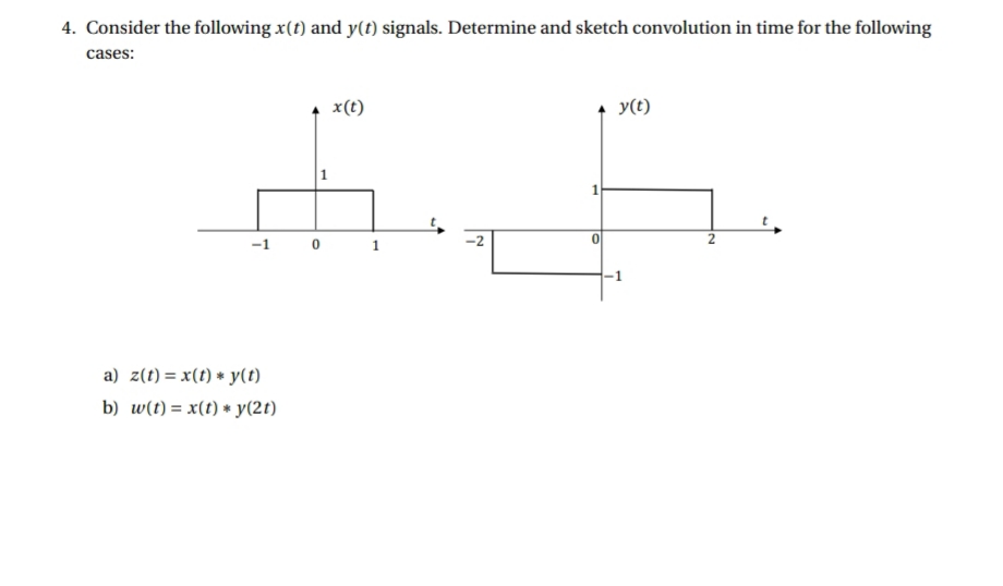 4. Consider the following x(t) and y(t) signals. Determine and sketch convolution in time for the following
cases:
x(t)
y(t)
-1
1
-2
a) z(t) = x(t) * y(1)
b) w(t) = x(t) * y(2t)
