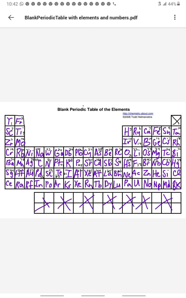 10:42 O O
算 1 44%
BlankPeriodicTable with elements and numbers.pdf
Blank Periodic Table of the Elements
http://chemistry.about.com
C2008 Todd Helmenstine
SET
24
ce RalRfIn PolAr Kr Xe Rn/Tb|DylLu PaU|NdNelMalsK
