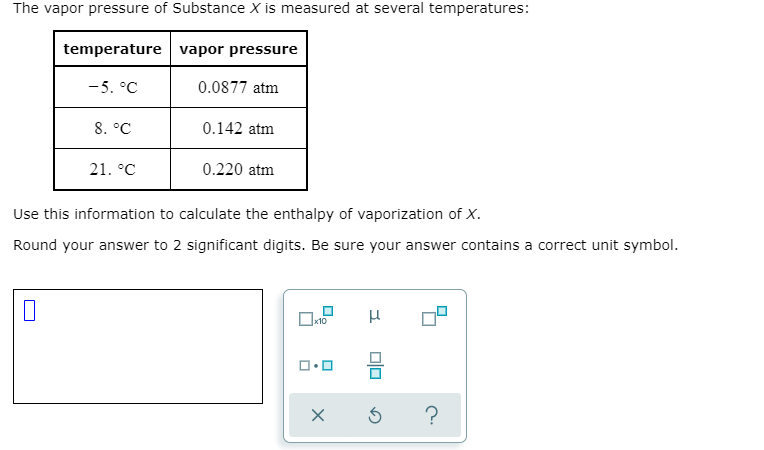 The vapor pressure of Substance X is measured at several temperatures:
temperature vapor pressure
-5. °C
0.0877 atm
8. °C
0.142 atm
21. °C
0.220 atm
Use this information to calculate the enthalpy of vaporization of X.
Round your answer to 2 significant digits. Be sure your answer contains a correct unit symbol.
x10

