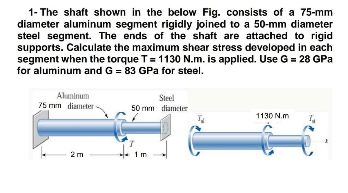 1- The shaft shown in the below Fig. consists of a 75-mm
diameter aluminum segment rigidly joined to a 50-mm diameter
steel segment. The ends of the shaft are attached to rigid
supports. Calculate the maximum shear stress developed in each
segment when the torque T = 1130 N.m. is applied. Use G = 28 GPa
for aluminum and G = 83 GPa for steel.
%3D
%3D
Aluminum
Steel
75 mm diameter
50 mm diameter
1130 N.m
Tal
1st
2 m
1 m
