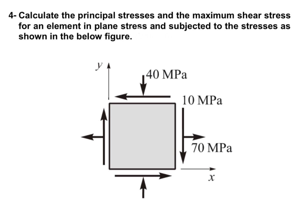4- Calculate the principal stresses and the maximum shear stress
for an element in plane stress and subjected to the stresses as
shown in the below figure.
40 MPa
10 MPa
70 MPa
