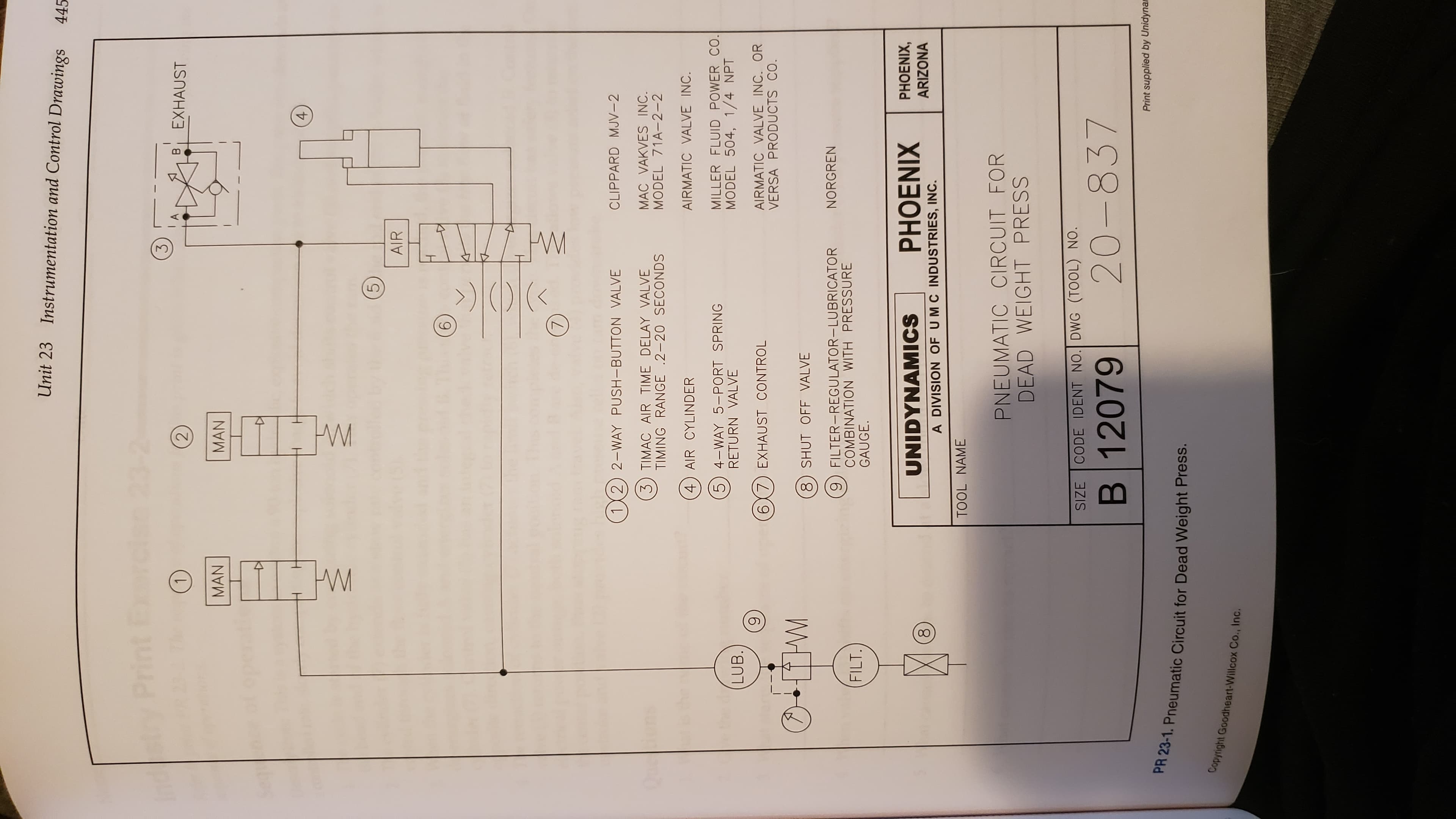 00
Unit 23
Instrumentation and Control Drawings
445
3
EXHAUST
MAN
MAN
T
AIR
9
L
(12) 2-WAY PUSH-BUTTON VALVE
CLIPPARD MJV-2
3) TIMAC AIR TIME DELAY VALVE
TIMING RANGE .2-20 SECONDS
MAC VAKVES INC.
MODEL 71A-2-2
4) AIR CYLINDER
AIRMATIC VALVE INC.
5) 4-WAY 5-PORT SPRING
RETURN VALVE
MILLER FLUID POWER CO.
MODEL 504, 1/4 NPT
LUB.
(67 EXHAUST CONTROL
AIRMATIC VALVE INC. OR
VERSA PRODUCTS CO.
6
8) SHUT OFF VALVE
9 FILTER-REGULATOR-LUBRICATOR
COMBINATION WITH PRESSURE
GAUGE.
NORGREN
FILT.
UNIDYNAMICS
PHOENIX
PHOENIX,
ARIZONA
A DIVISION OF UMC INDUSTRIES, INC.
TOOL NAME
PNEUMATIC CIRCUIT FOR
DEAD WEIGHT PRESS
CODE IDENT NO. DWG (TOOL) NO.
3ZIS
B 12079
20-837
Print supplied by Unidynar
PH 23-1. Pneumatic Circuit for Dead Weight Press.
Copyright Goodheart-Willcox Co., Inc.
