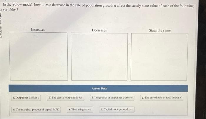 In the Solow model, how does a decrease in the rate of population growth n affect the steady-state value of each of the following
variables?
Increases
c. Output per worker y
d. The capital-output ratio k/y
e. The marginal product of capital MPK
a. The savings rate.
Decreases
Answer Bank
f. The growth of output per worker y
b. Capital stock per worker k
Stays the same
g. The growth rate of total output Y