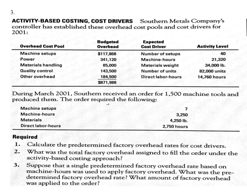 3.
ACTIVITY-BASED COSTING, COST DRIVERS Southern Metals Company's
controller has established these overhead cost pools and cost drivers for
2001:
Budgeted
Overhead
Expected
Cost Driver
Overhead Cost Pool
Activity Level
Machine setups
$117,868
Number of setups
40
Power
341,120
Machine-hours
21,320
Materials handling
85,000
Materials weight
34,000 Ib.
Quality control
143,500
Number of units
82,000 units
Other overhead
184,500
$871,988
Direct labor-hours
14,760 hours
During March 2001, Southern received an order for 1,500 machine tools and
produced them. The order required the following:
Machine setups
7
Machine-hours
3,250
Materials
4,250 Ib.
Direct labor-hours
2,750 hours
Required
Calculate the predetermined factory overhead rates for cost drivers.
What was the total factory overhead assigned to fill the order under the
activity-based costing approach?
Suppose that a single predetermined factory overhead rate based on
machine-hours was used to apply factory overhead. What was the pre-
determined factory overhead rate? What amount of factory overhead
was applied to the order?
1.
2.
3.
