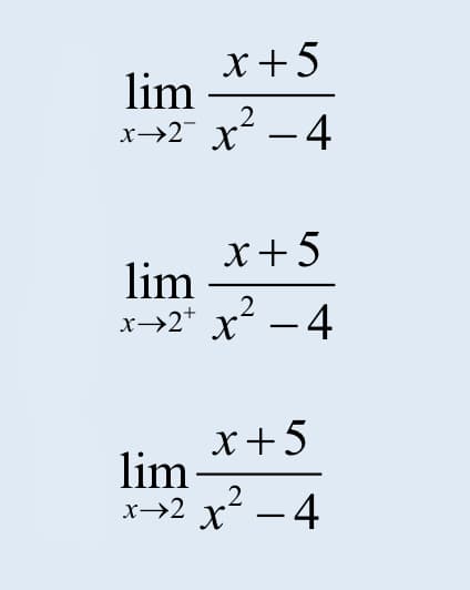 x+5
lim
х>2 х — 4
x+5
lim
2
x→2* x´ – 4
x+5
lim
x→2 x² – 4
