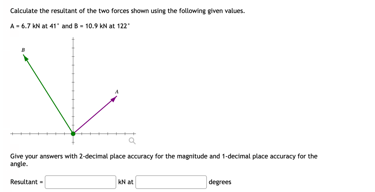 Calculate the resultant of the two forces shown using the following given values.
A = 6.7 kN at 41° and B = 10.9 kN at 122°
A
Give your answers with 2-decimal place accuracy for the magnitude and 1-decimal place accuracy for the
angle.
Resultant =
kN at
degrees
