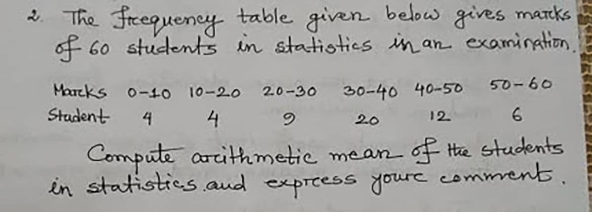 2. The Freequency table given below gives macks
of 60 students in statistics in an examination,
Marcks o-40 10-20
30-40 40-50o 50-60
20-30
Stadent
4 4
20
12
Compute arrithmetic mean of Hhe students
in statistics aud expreess youre comment
