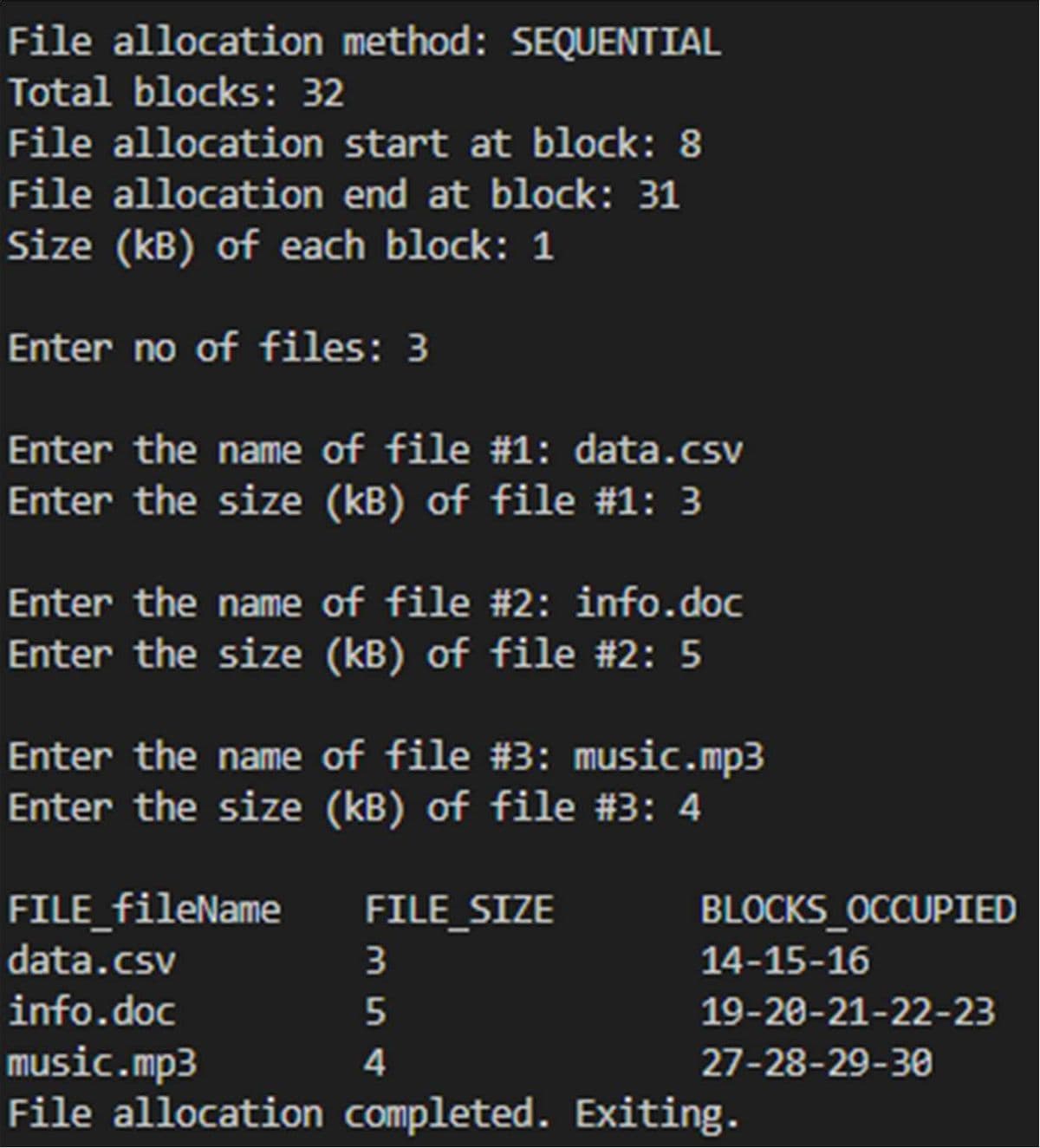 File allocation method: SEQUENTIAL
Total blocks: 32
File allocation start at block: 8
File allocation end at block: 31
Size (kB) of each block: 1
Enter no of files: 3
Enter the name of file #1: data.csv
Enter the size (kB) of file #1: 3
Enter the name of file #2: info.doc
Enter the size (kB) of file #2: 5
Enter the name of file #3: music.mp3
Enter the size (kB) of file #3: 4
FILE_fileName
data.csv
info.doc
music.mp3
File allocation completed. Exiting.
FILE_SIZE
BLOCKS_OCCUPIED
3
14-15-16
5
19-20-21-22-23
4
27-28-29-30
