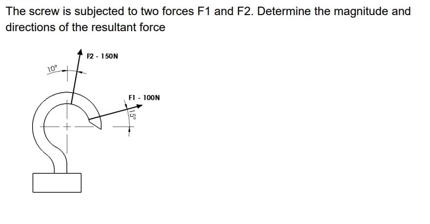 The screw is subjected to two forces F1 and F2. Determine the magnitude and
directions of the resultant force
F2 - 150N
10°
F1 - 100N
15°
