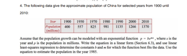 4. The following data give the approximate population of China for selected years from 1900 until
2010:
1900
Population 400
(millions)
Year
1950 1970 | 1980
1990 2000 | 2010
1135 1266 1370
557
825
981
Assume that the population growth can be modeled with an exponential function p = bem , where x is the
year and p is the population in millions. Write the equation in a linear form (Section 6.3), and use linear
least-squares regression to determine the constants b and m for which the function best fits the data. Use the
equation to estimate the population in the year 1985.
