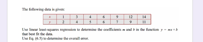The following data is given:
3
4
6.
12
14
2
4
5
6.
7.
9.
11
Use linear least-squares regression to determine the coefficients m and b in the function y - mx + b
that best fit the data.
Use Eq. (6.5) to determine the overall error.
