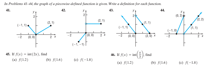 In Problems 41–44, 1the graph of a piecewise-defined function is given. Write a definition for each function.
41.
42.
43.
44.
y
2
2
24
(0, 2)
(2, 2)
(2. 1)
(2, 1)
(1, 1)
(-1, 1) •
(-1, 1)
(1, 1)
(-1, 0),
(0, 0)
2 X
(2, 0) x
(0, 0)
-2
(0, 0)
-2
2 X
-2
2 X
(-1, –1)
45. If f(x) = int(2r), find
46. If f(x) = int
find
(a) f(1.2)
(b) f(1.6)
(c) f(-1.8)
(a) f(1.2)
(b) f(1.6)
(c) f(-1,8)
