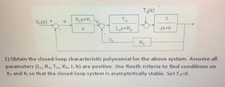 T(s)
Va(s)
K,s+K,
Tm
1
e
Ls+R,
Js+b
K
1) Obtain the closed-loop characteristic polynomial for the above system. Assume all
parameters (L, Ra, Tm, Kt, J, b) are positive. Use Routh criteria to find conditions on
Kp and Ki so that the closed-loop system is asym ptotically stable. Set T=0.
