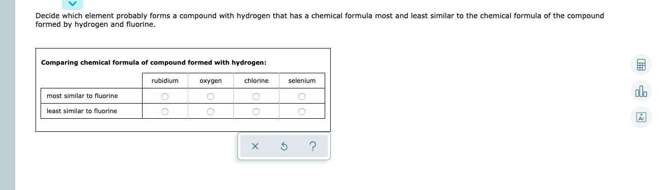 Decide which element probably forms a compound with hydrogen that has a chemical formula most and least similar to the chemical formula of the compound
formed by hydrogen and fluorine.
Comparing chemical formula of compound formed with hydrogen:
rubidium
охудen
chlorine
selenium
most similar to fluorine
least similar to fluorine
