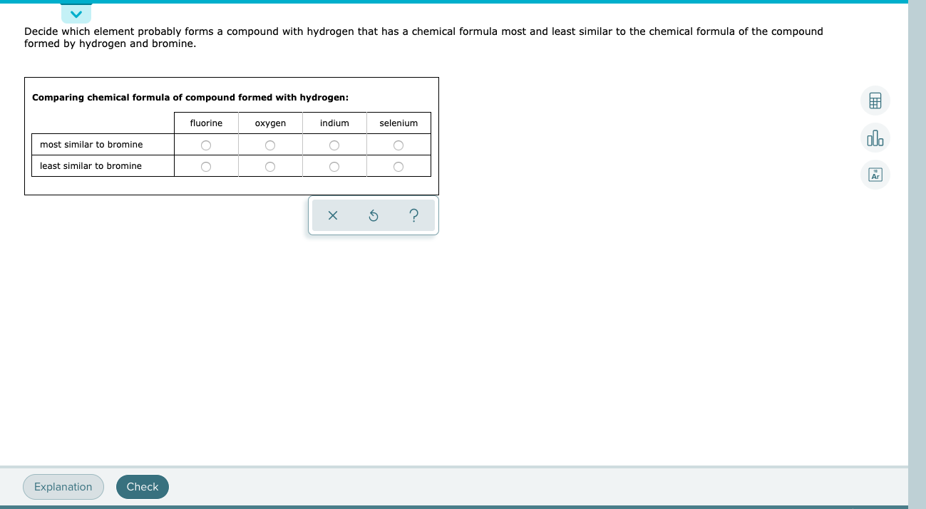Decide which element probably forms a compound with hydrogen that has a chemical formula most and least similar to the chemical formula of the compo
formed by hydrogen and bromine.
Comparing chemical formula of compound formed with hydrogen:
fluorine
oxygen
indium
selenium
most similar to bromine
least similar to bromine
