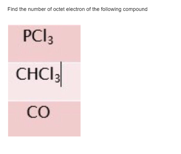 Find the number of octet electron of the following compound
PCI3
CHCI3
CO
