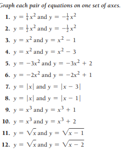 Graph each pair of equations on one set of axes.
1. y = x² and y = -x²
2. y = }x² and y = -x?
3. y = x² and y = x² - 1
4. y = x² and y = x² - 3
5. y = -3x2 and y = -3x? + 2
6. у 3 -2x? and у 3 - 2x2 + 1
7. y = |x| and y = |x - 3|
8. y = |x| and y = |x - 1|
9. y = x³ and y = x³ + 1
10. y = x³ and y = x³ + 2
11. y = Vx and y =
Vx - 1
12. y = Vx and y = Vx - 2
