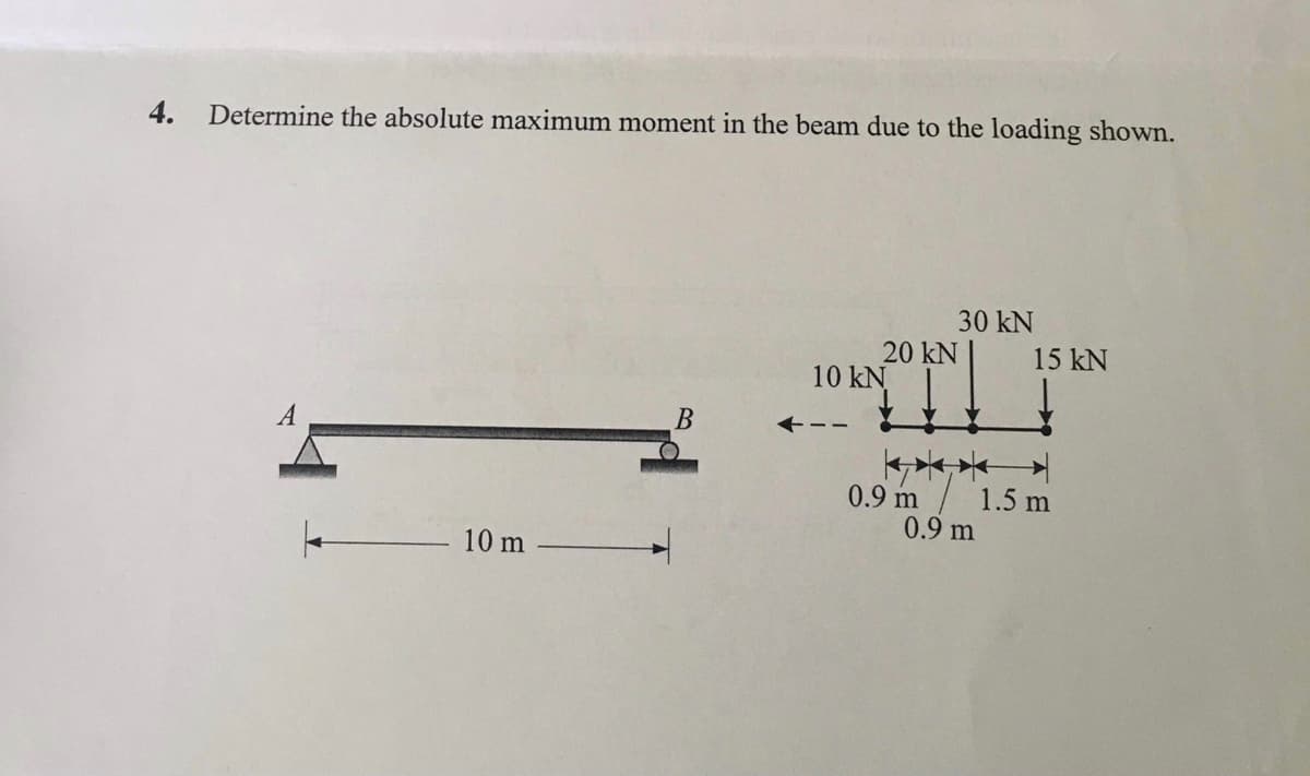 4.
Determine the absolute maximum moment in the beam due to the loading shown.
30 kN
20 kN
10 kN
15 kN
A
+--
1.5 m
0.9 m
0.9 m
10 m -
