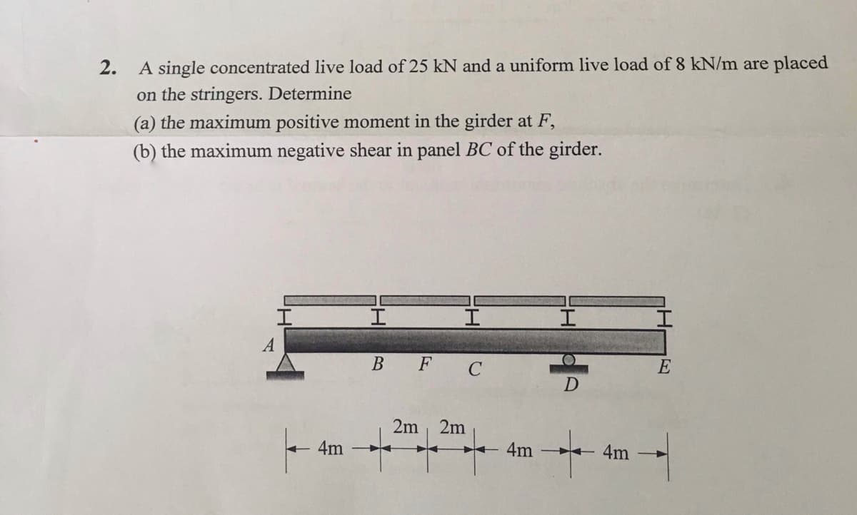 2. A single concentrated live load of 25 kN and a uniform live load of 8 kN/m are placed
on the stringers. Determine
(a) the maximum positive moment in the girder at F,
(b) the maximum negative shear in panel BC of the girder.
B F C
E
2m
2m
4m
4m
4m
