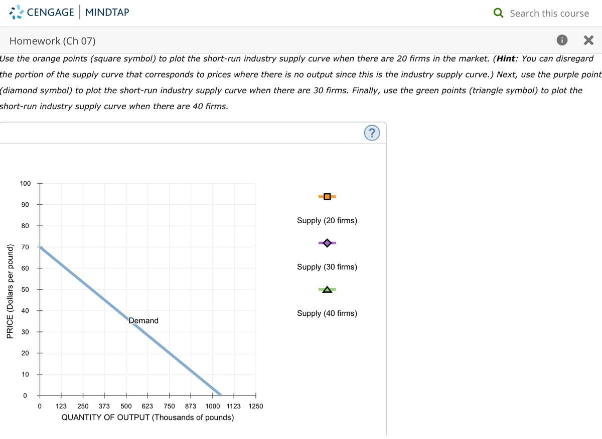 CENGAGE MINDTAP
Q Search this course
Homework (Ch 07)
Use the orange points (square symbol) to plot the short-run industry supply curve when there are 20 firms in the market. (Hint: You can disregard
the portion of the supply curve that corresponds to prices where there is no output since this is the industry supply curve.) Next, use the purple point
(diamond symbol) to plot the short-run industry supply curve when there are 30 firms. Finally, use the green points (triangle symbol) to plot the
short-run industry supply curve when there are 40 firms.
100
90
Supply (20 firms)
80
70
60
Supply (30 firms)
50
40
Supply (40 firms)
Demand
30
10
123
250
373
500
623
750
873
1000 1123 1250
QUANTITY OF OUTPUT (Thousands of pounds)
PRICE (Dollars per pound)
20
