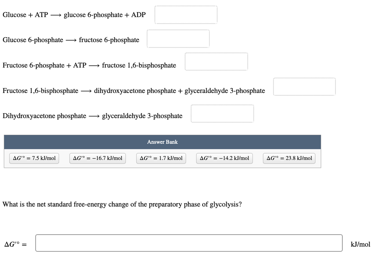 Glucose + ATP →→ glucose 6-phosphate + ADP
Glucose 6-phosphate fructose 6-phosphate
Fructose 6-phosphate + ATP → fructose 1,6-bisphosphate
Fructose 1,6-bisphosphate dihydroxyacetone phosphate + glyceraldehyde 3-phosphate
Dihydroxyacetone phosphate glyceraldehyde 3-phosphate
AG'° = 7.5 kJ/mol
AG'° -16.7 kJ/mol
AG'° =
Answer Bank
AG'° = 1.7 kJ/mol
AG'° -14.2 kJ/mol
What is the net standard free-energy change of the preparatory phase of glycolysis?
AG'° = 23.8 kJ/mol
kJ/mol