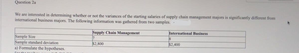 Question 2a
We are interested in determining whether or not the variances of the starting salaries of supply chain management majors is significantly different from
international business majors. The following information was gathered from two samples. .
Supply Chain Management
International Business
Sample Size
Sample standard deviation
a) Formulate the hypotheses.
$2,800
$2,400
