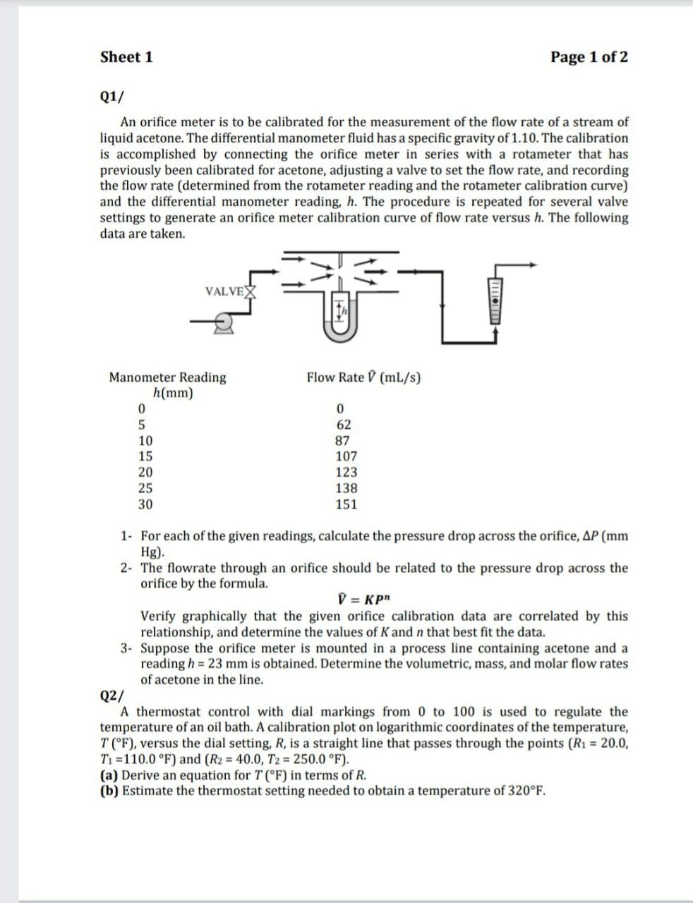 Sheet 1
Page 1 of 2
Q1/
An orifice meter is to be calibrated for the measurement of the flow rate of a stream of
liquid acetone. The differential manometer fluid has a specific gravity of 1.10. The calibration
is accomplished by connecting the orifice meter in series with a rotameter that has
previously been calibrated for acetone, adjusting a valve to set the flow rate, and recording
the flow rate (determined from the rotameter reading and the rotameter calibration curve)
and the differential manometer reading, h. The procedure is repeated for several valve
settings to generate an orifice meter calibration curve of flow rate versus h. The following
data are taken.
VALVEX
Flow Rate V (mL/s)
Manometer Reading
h(mm)
62
10
87
15
107
20
123
138
25
30
151
1- For each of the given readings, calculate the pressure drop across the orifice, AP (mm
Hg).
2- The flowrate through an orifice should be related to the pressure drop across the
orifice by the formula.
D = KPn
Verify graphically that the given orifice calibration data are correlated by this
relationship, and determine the values of K and n that best fit the data.
3- Suppose the orifice meter is mounted in a process line containing acetone and a
reading h = 23 mm is obtained. Determine the volumetric, mass, and molar flow rates
of acetone in the line.
Q2/
A thermostat control with dial markings from 0 to 100 is used to regulate the
temperature of an oil bath. A calibration plot on logarithmic coordinates of the temperature,
T (°F), versus the dial setting, R, is a straight line that passes through the points (R1 = 20.0,
T1 =110.0 °F) and (R2 = 40.0, T2 = 250.0 °F).
(a) Derive an equation for T (°F) in terms of R.
(b) Estimate the thermostat setting needed to obtain a temperature of 320°F.
