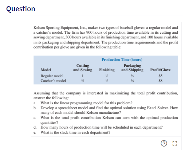 Question
Kelson Sporting Equipment, Inc., makes two types of baseball gloves: a regular model and
a catcher's model. The firm has 900 hours of production time available in its cutting and
sewing department, 300 hours available in its finishing department, and 100 hours available
in its packaging and shipping department. The production time requirements and the profit
contribution per glove are given in the following table:
Production Time (hours)
Cutting
and Sewing
Packaging
Finishing and Shipping Profit/Glove
Model
Regular model
5
Catcher's model
S8
Assuming that the company is interested in maximizing the total profit contribution,
answer the following:
a. What is the linear programming model for this problem?
b. Develop a spreadsheet model and find the optimal solution using Excel Solver. How
many of each model should Kelson manufacture?
c. What is the total profit contribution Kelson can earm with the optimal production
quantities?
d. How many hours of production time will be scheduled in each department?
e. What is the slack time in each department?
