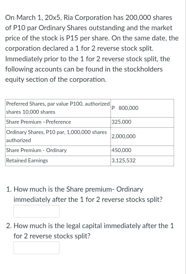 On March 1, 20x5, Ria Corporation has 200,000 shares
of P10 par Ordinary Shares outstanding and the market
price of the stock is P15 per share. On the same date, the
corporation declared a 1 for 2 reverse stock split.
Immediately prior to the 1 for 2 reverse stock split, the
following accounts can be found in the stockholders
equity section of the corporation.
Preferred Shares, par value P100, authorized
P 800,000
shares 10,000 shares
Share Premium -Preference
325,000
Ordinary Shares, P10 par, 1,000,000 shares
authorized
2,000,000
Share Premium - Ordinary
450,000
Retained Earnings
3,125,532
1. How much is the Share premium- Ordinary
immediately after the 1 for 2 reverse stocks split?
2. How much is the legal capital immediately after the 1
for 2 reverse stocks split?
