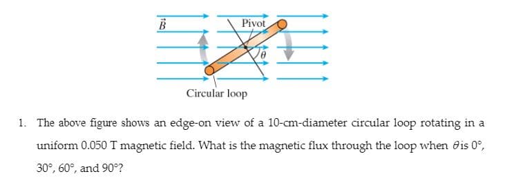 Pivot
Circular loop
1. The above figure shows an edge-on view of a 10-cm-diameter circular loop rotating in a
uniform 0.050 T magnetic field. What is the magnetic flux through the loop when Ois 0°,
30°, 60°, and 90°?
