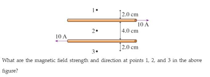 1.
|2.0 cm
10 A
2.
4.0 cm
10 A
2.0 cm
3.
What are the magnetic field strength and direction at points 1, 2, and 3 in the above
figure?
