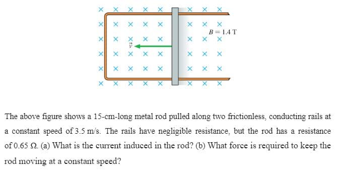 X X X X
B = 1.4 T
x X X X
The above figure shows a 15-cm-long metal rod pulled along two frictionless, conducting rails at
a constant speed of 3.5 m/s. The rails have negligible resistance, but the rod has a resistance
of 0.65 2. (a) What is the current induced in the rod? (b) What force is required to keep the
rod moving at a constant speed?
Xta X
