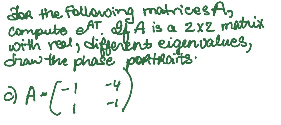 For the following matrices A₂
compute AT. If A is a 2x2 matrix
with real, different eigenvalues,
draw the phase portraits.
@A=(-1
-4
-