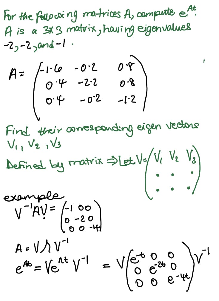 For the following matrices A, compute e At
A is a 3x3 matrix, having eigenvalues
-2₂-2, and -1.
A=
F-1.6 -0.2
0.4 -2.2
0.4
-0.2
Find their corresponding eigen vectors
V₁, V₂, V3
Defined by matrix => [et V=/V₁ V₂ V₂
example
V AV = (-100
0-20
0.8
0.8
-1.2
A=VrV"
eft = vent vi
v/et
: