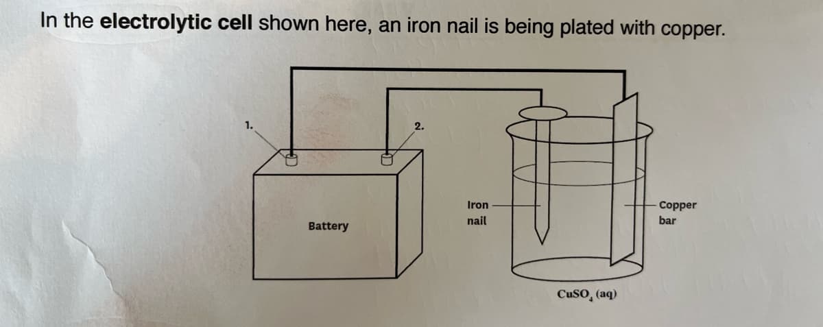 In the electrolytic cell shown here, an iron nail is being plated with copper.
1.
2.
Iron
Copper
nail
bar
Battery
CuSO, (aq)
