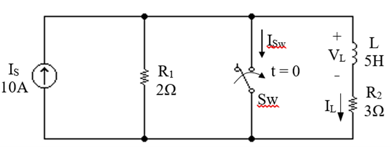 Is
10A
R₁
252
Isu
₁ t=0
Sw
+
L
VL 3 5H
IL
R₂
3Ω