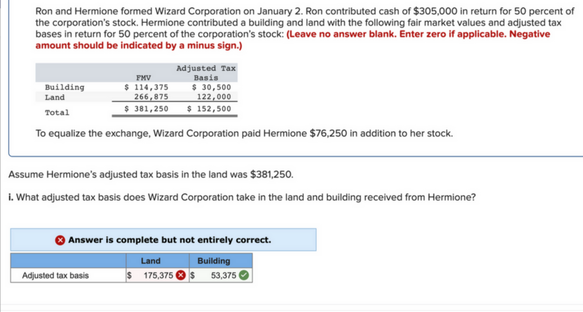 Ron and Hermione formed Wizard Corporation on January 2. Ron contributed cash of $305,000 in return for 50 percent of
the corporation's stock. Hermione contributed a building and land with the following fair market values and adjusted tax
bases in return for 50 percent of the corporation's stock: (Leave no answer blank. Enter zero if applicable. Negative
amount should be indicated by a minus sign.)
Adjusted Tax
Basis
FMV
$ 114,375
266,875
$ 381,250
$ 30,500
122,000
$ 152,500
Building
Land
Total
To equalize the exchange, Wizard Corporation paid Hermione $76,250 in addition to her stock.
Assume Hermione's adjusted tax basis in the land was $381,250.
i. What adjusted tax basis does Wizard Corporation take in the land and building received from Hermione?
Answer is complete but not entirely correct.
Land
Building
Adjusted tax basis
$ 175,375 8 $
53,375
