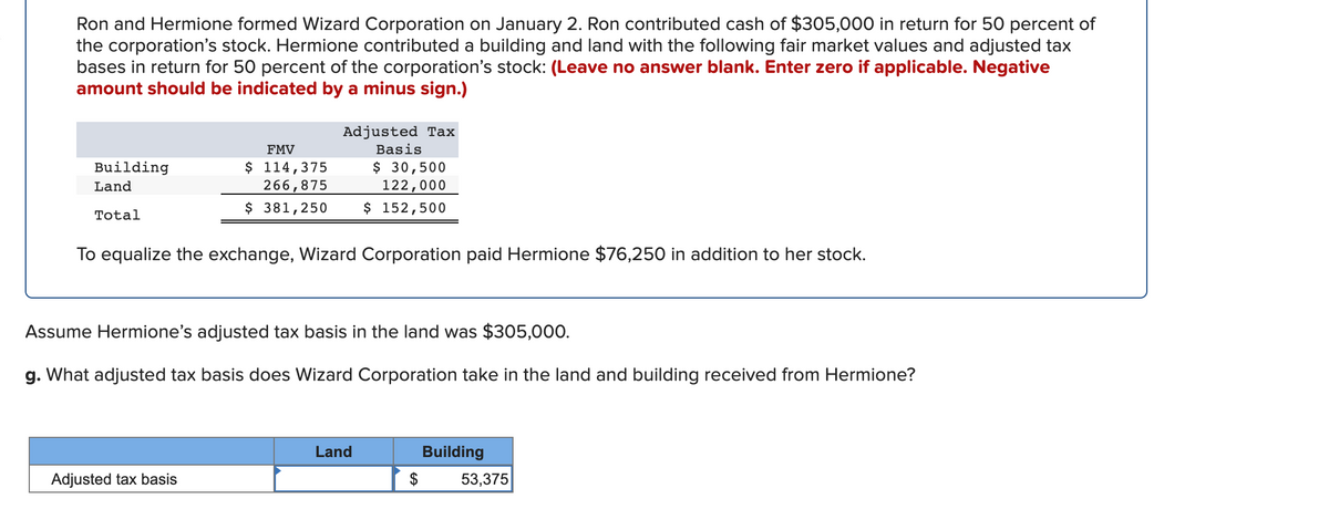 Ron and Hermione formed Wizard Corporation on January 2. Ron contributed cash of $305,000 in return for 50 percent of
the corporation's stock. Hermione contributed a building and land with the following fair market values and adjusted tax
bases in return for 50 percent of the corporation's stock: (Leave no answer blank. Enter zero if applicable. Negative
amount should be indicated by a minus sign.)
Adjusted Tax
FMV
Basis
Building
$ 114,375
266,875
$ 381,250
$30,500
Land
122,000
$ 152,500
Total
To equalize the exchange, Wizard Corporation paid Hermione $76,250 in addition to her stock.
Assume Hermione's adjusted tax basis in the land was $305,000.
g. What adjusted tax basis does Wizard Corporation take in the land and building received from Hermione?
Land
Building
Adjusted tax basis
$
53,375
