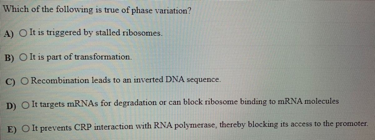 Which of the following is true of phase variation?
A) OIt is triggered by stalled ribosomes.
1S
B) OIt is part of transformation.
o ORecombination leads to an inverted DNA sequence.
D) OIt targets mRNAs for degradation or can block ribosome binding to mRNA molecules
E) Olt prevents CRP interaction with RNA polymerase, thereby blocking its access to the promoter
