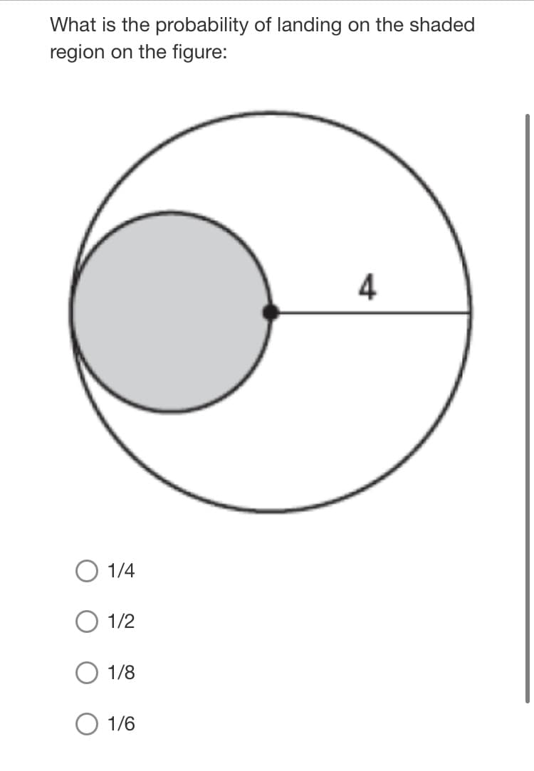 What is the probability of landing
on the shaded
region on the figure:
4
O 1/4
1/2
1/8
1/6
